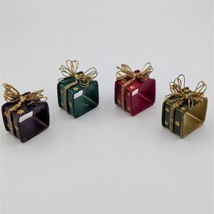 Vintage Gift Box Napkin Rings Set of 4 Jewel Tones Gold Trim Christmas Decor